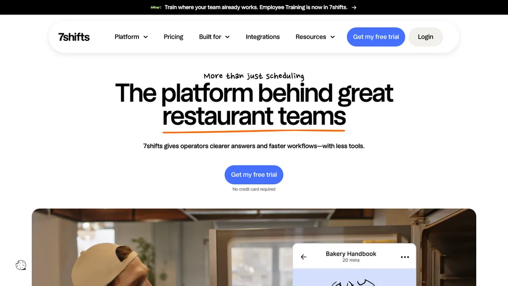 7shifts Schichtplanung-Software: Schlagzeile für Restaurant-Teams mit blauem Button und Dienstplan-Vorschau (Screenshot August 2026)