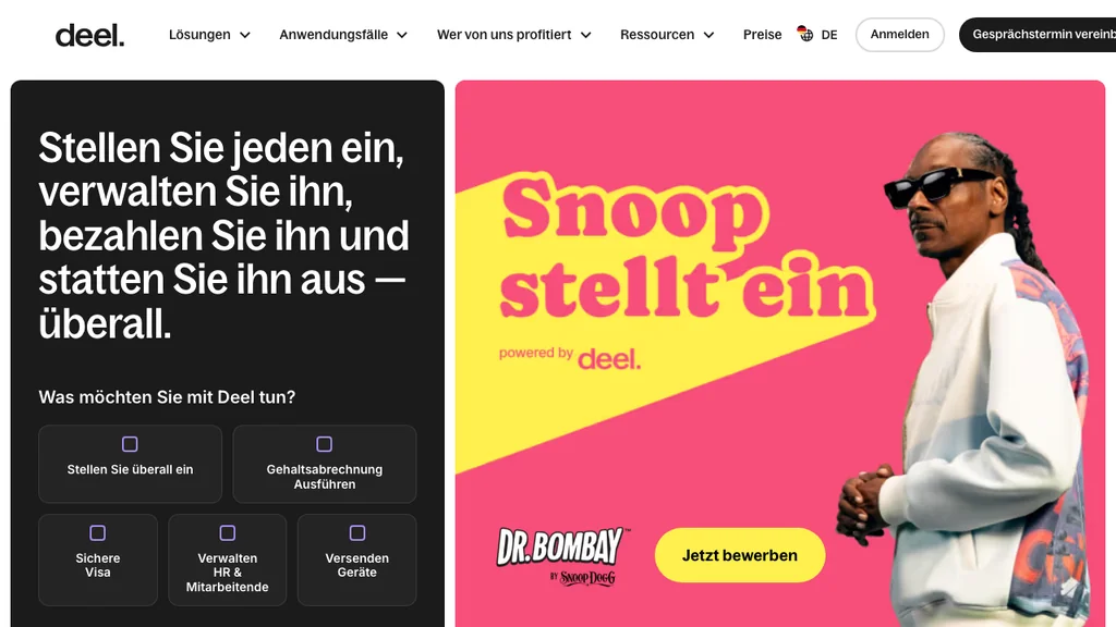 deel Lohnabrechnung-Software: Violette Startseite mit globalem Recruiting-Text und Gehaltsabrechnungs-Karten (Screenshot August 2026)