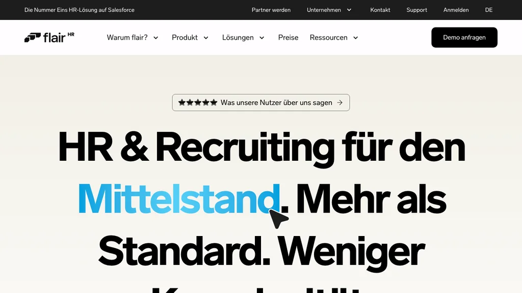 flair HR HR-Software: Headline zu HR und Recruiting für den Mittelstand mit blauem Akzent (Screenshot August 2026)