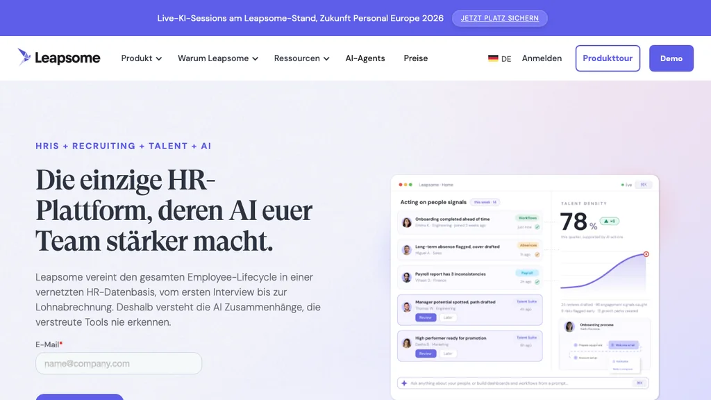 Leapsome HR-Software: KI-HR-Headline mit Dashboard zu Talent-Dichte und Personal-Signalen (Screenshot August 2026)