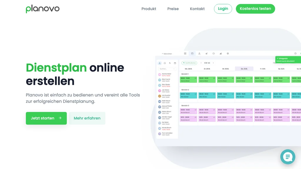 Planovo Schichtplanung-Software: Headline Dienstplan online erstellen mit Wochen-Schichtplan-Mockup rechts (Screenshot August 2026)
