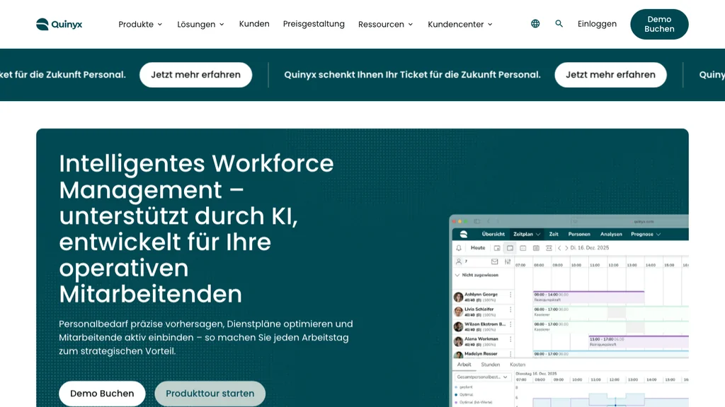 Quinyx Schichtplanung-Software: Dunkelgrüner Hero mit Workforce-Management-Text und Zeitplan-Dashboard (Screenshot August 2026)