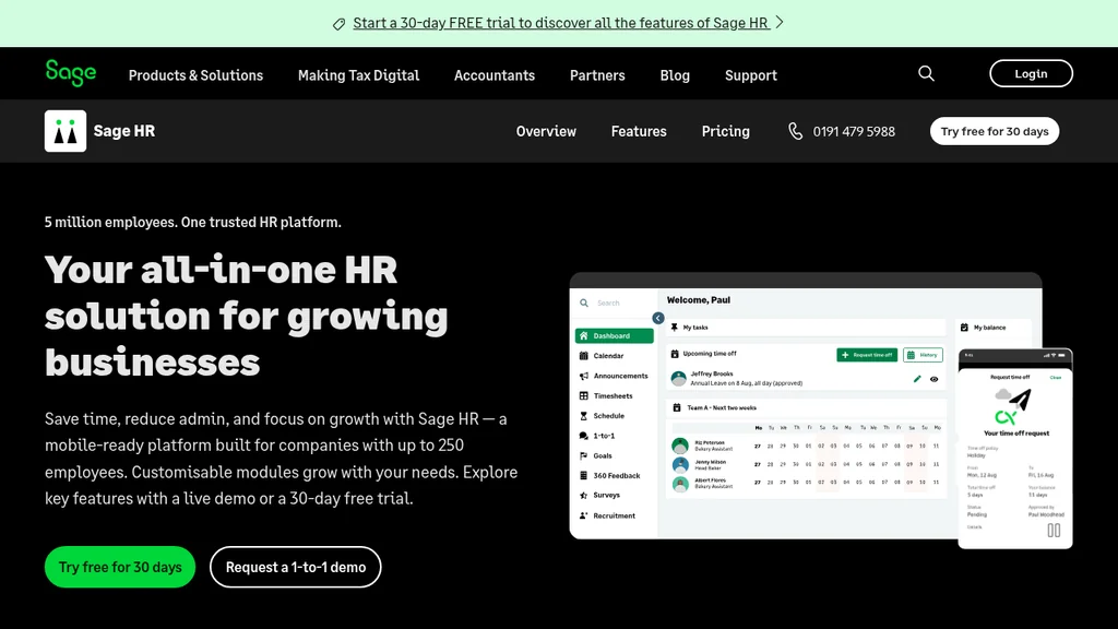 Sage HR & Payroll HR-Software: Dunkles Hero mit HR-Dashboard, Team-Kalender und Urlaubsantrag auf Smartphone (Screenshot August 2026)