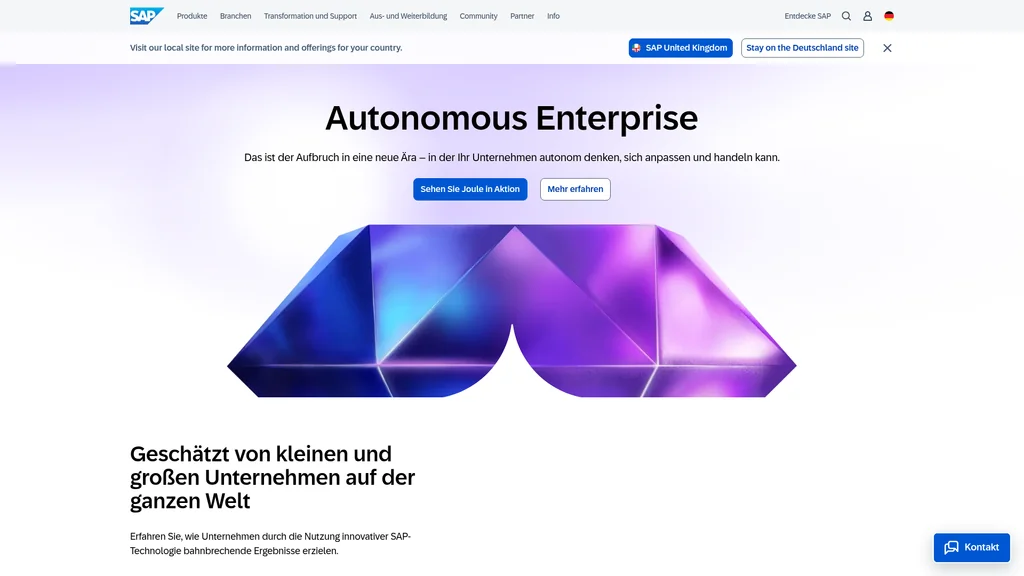 SAP SuccessFactors HR-Software: Violette 3D-Grafik unter Autonomous-Enterprise-Headline mit zwei blauen Buttons (Screenshot August 2026)