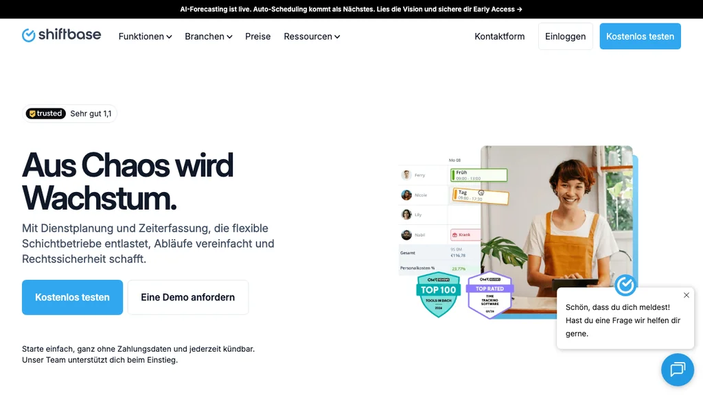 Shiftbase Schichtplanung-Software: Headline Aus Chaos wird Wachstum neben Schichtplan und Service-Mitarbeiterin (Screenshot August 2026)