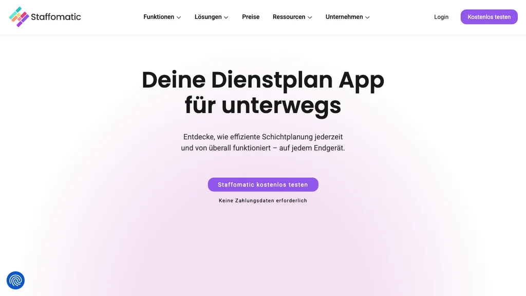 Staffomatic Schichtplanung-Software: Zentrale Headline zur mobilen Dienstplan-App mit violettem Test-Button (Screenshot August 2026)