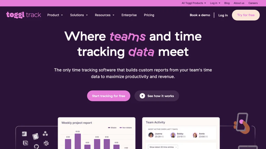Toggl Track Zeiterfassung-Software: Dunkelvioletter Hero mit Team-Headline und Balkendiagramm zur Teamaktivität (Screenshot August 2026)