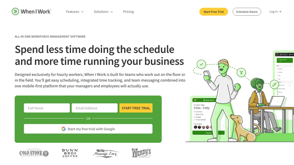 When I Work Schichtplanung-Software: Scheduling-Headline mit grünem Anmeldeformular und Illustration der Schichtkarte (Screenshot August 2026)