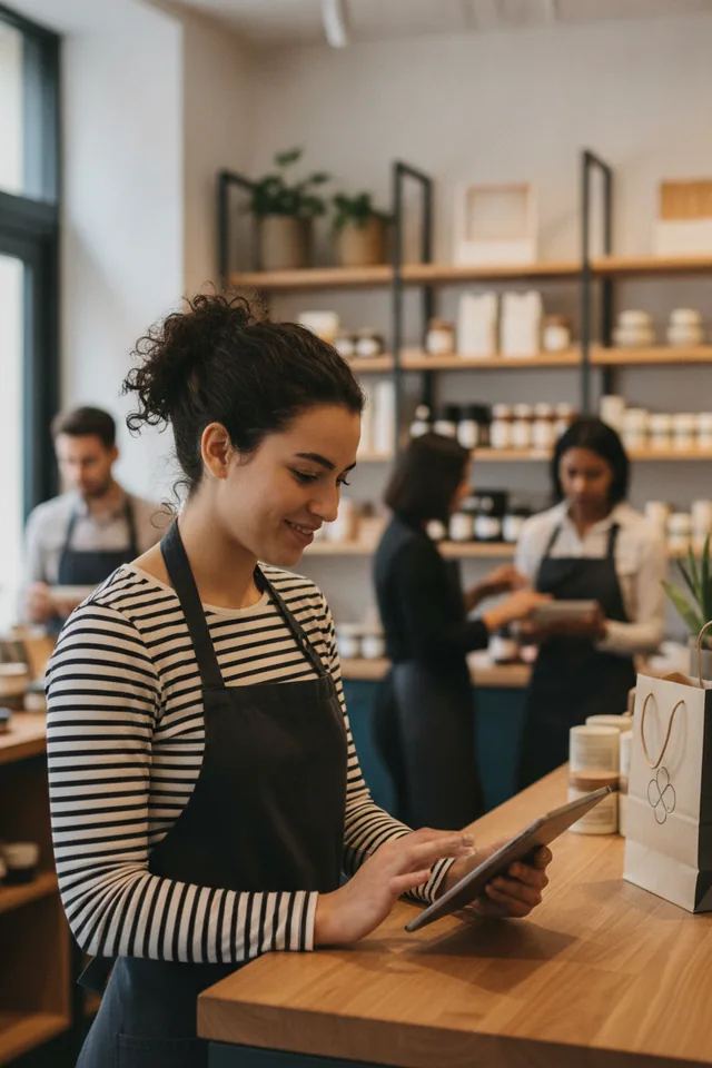 Verkäuferin bedient die Kasse an einem Tablet-POS