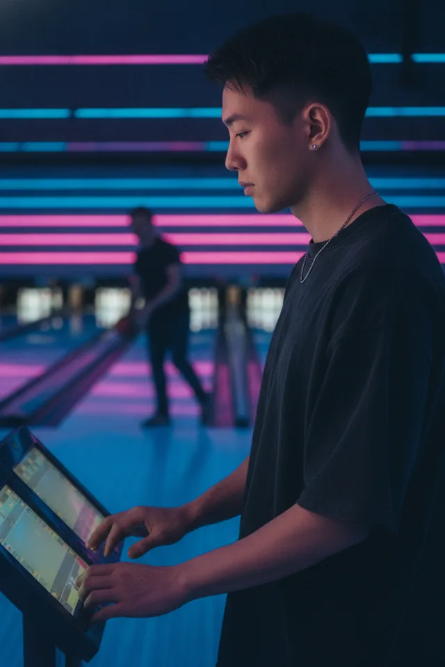 Mitarbeitende am Scoring-Terminal in einer Bowlinghalle