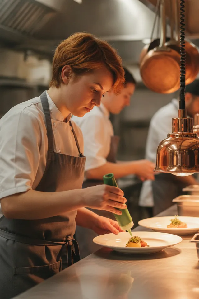Köchin richtet ein Gericht in einer Gastronomie-Küche an