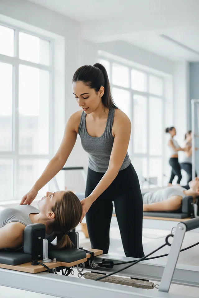 Trainerin korrigiert Haltung am Pilates-Reformer