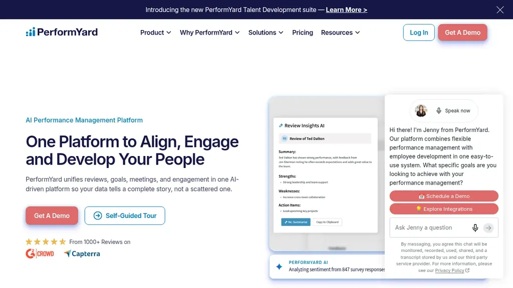 PerformYard 360 feedback software homepage (screenshot September 2026)