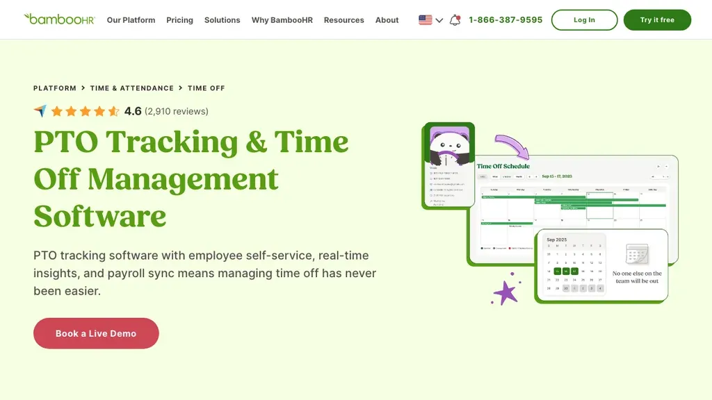 BambooHR time off and absence management homepage (screenshot September 2026)