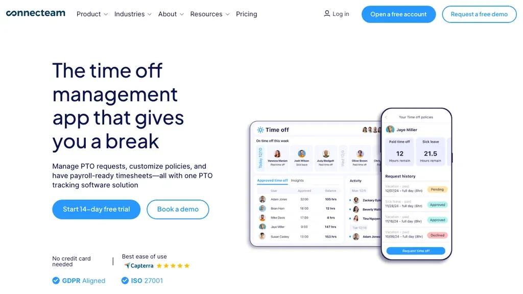Connecteam PTO and absence management for deskless teams homepage (screenshot September 2026)