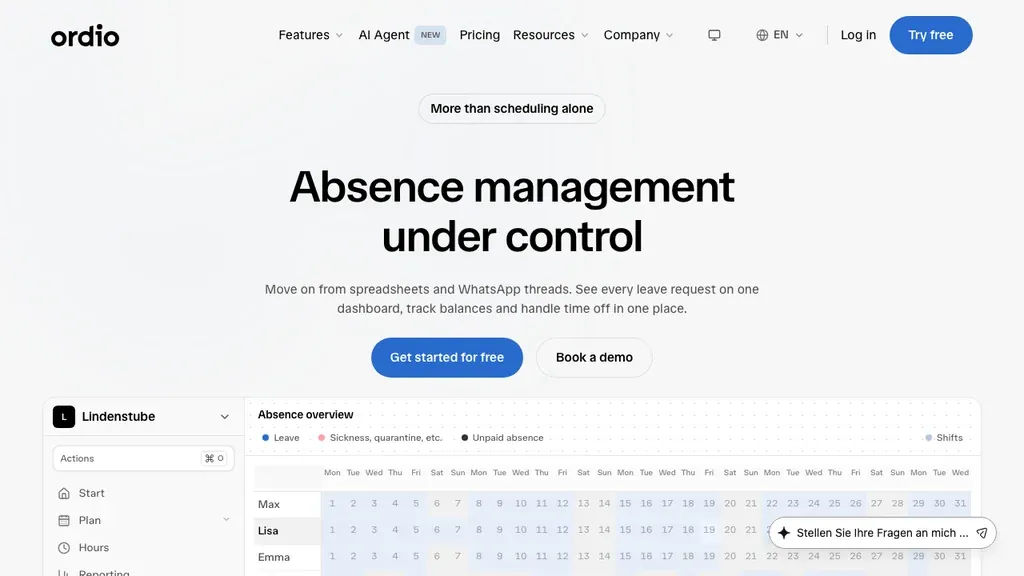 Ordio absence management software for shift teams homepage (screenshot September 2026)