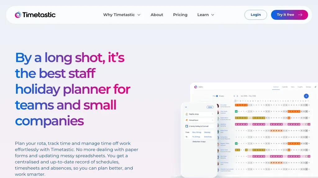 Timetastic leave and absence calendar software homepage (screenshot September 2026)