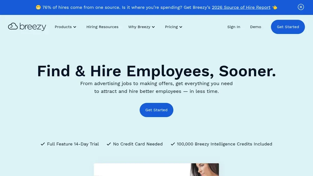 Breezy HR applicant tracking software homepage (screenshot September 2026)