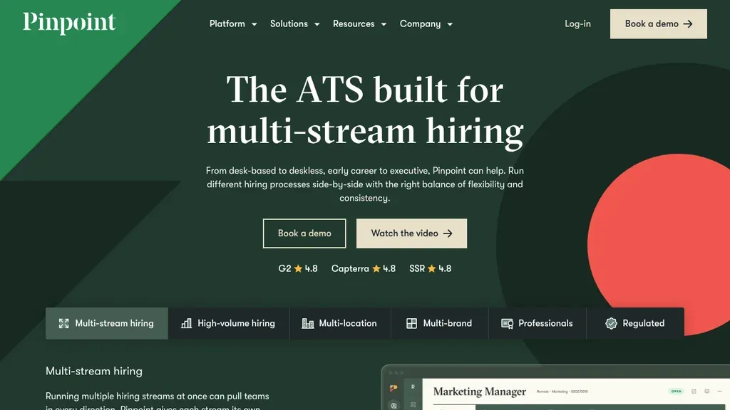 Pinpoint applicant tracking system homepage (screenshot September 2026)