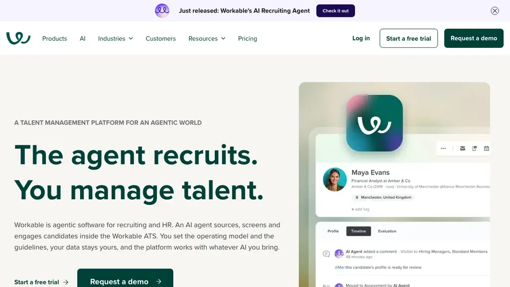 Workable applicant tracking system homepage (screenshot September 2026)