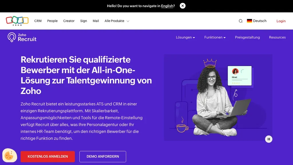 Zoho Recruit applicant tracking system homepage (screenshot September 2026)