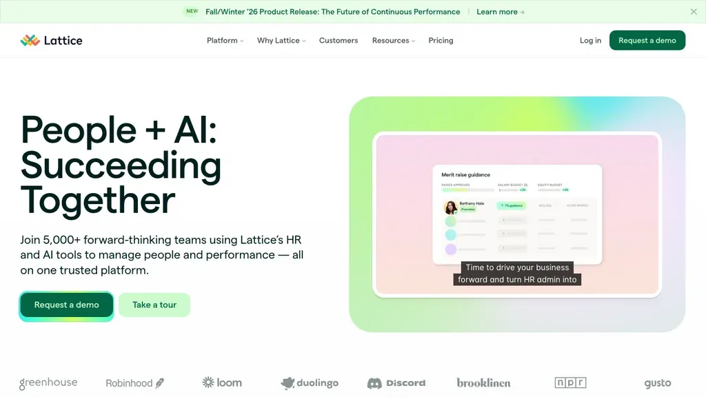 Lattice performance and competency management homepage (screenshot September 2026)
