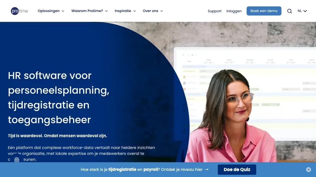 Protime tijdregistratie en HR compliance software homepage (screenshot september 2026)