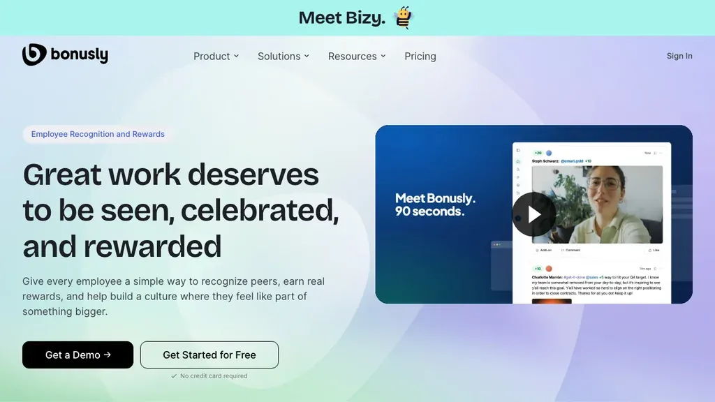 Bonusly peer recognition and employee engagement homepage (screenshot September 2026)