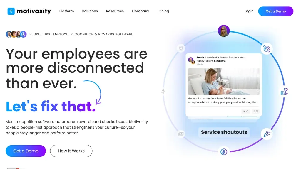 Motivosity employee recognition and engagement platform homepage (screenshot September 2026)