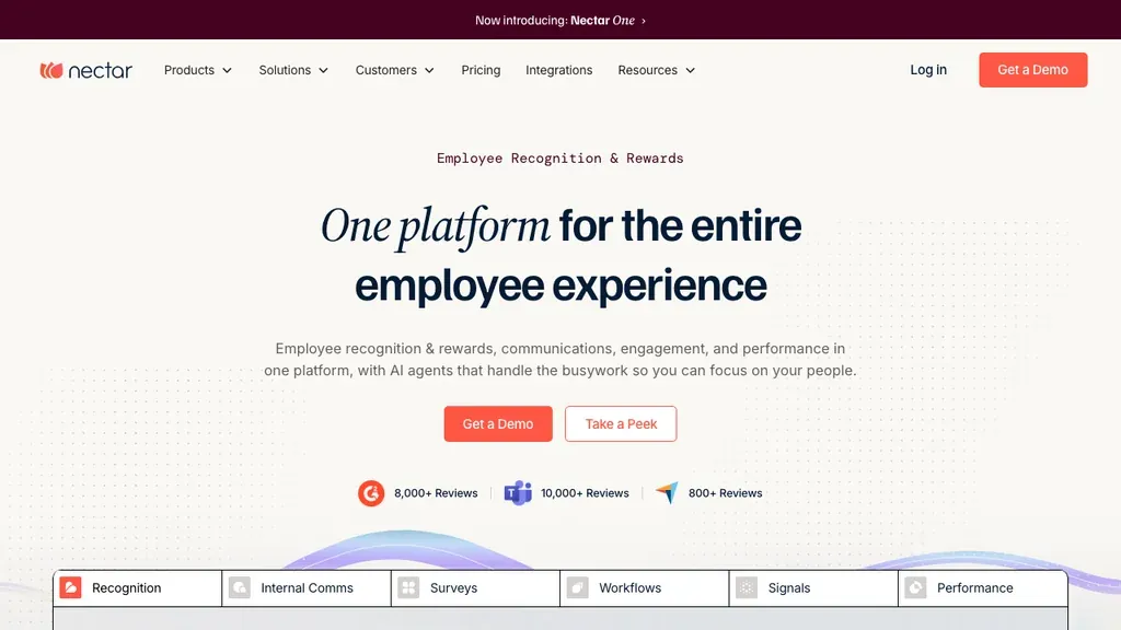 Nectar employee recognition and rewards platform homepage (screenshot September 2026)