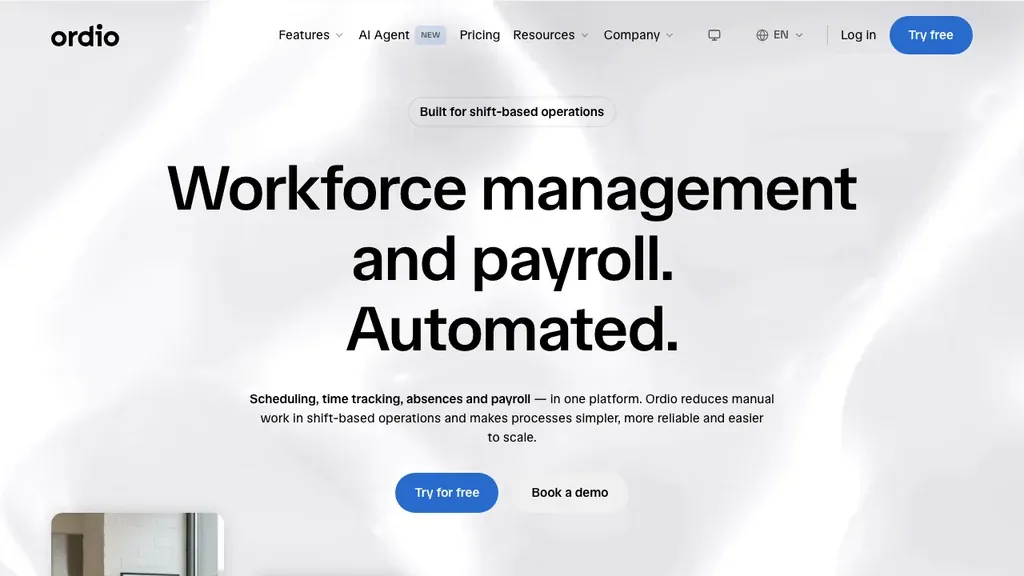 Ordio shift planning and employee files homepage for operational crew engagement (screenshot September 2026)