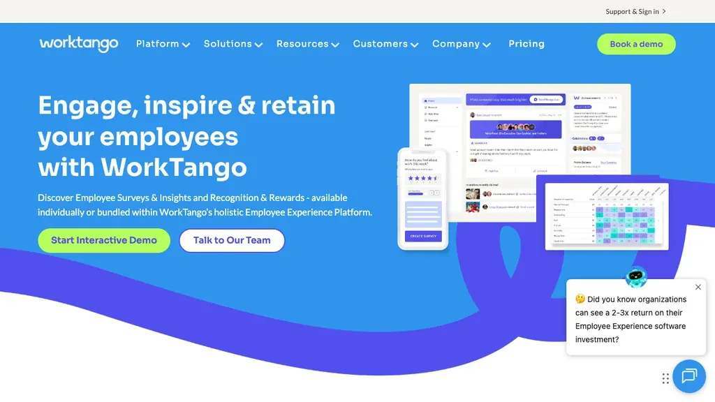 WorkTango employee engagement surveys and recognition homepage (screenshot September 2026)