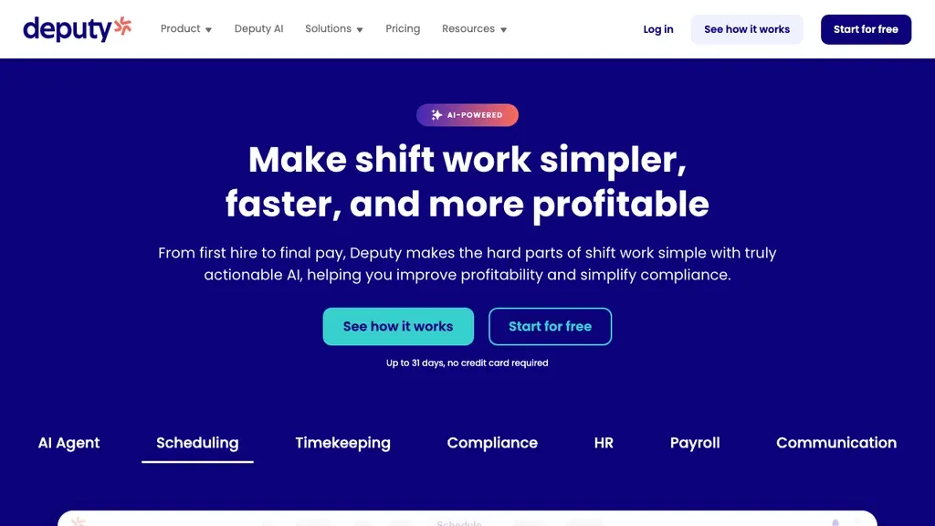 Deputy employee management and scheduling homepage (screenshot September 2026)