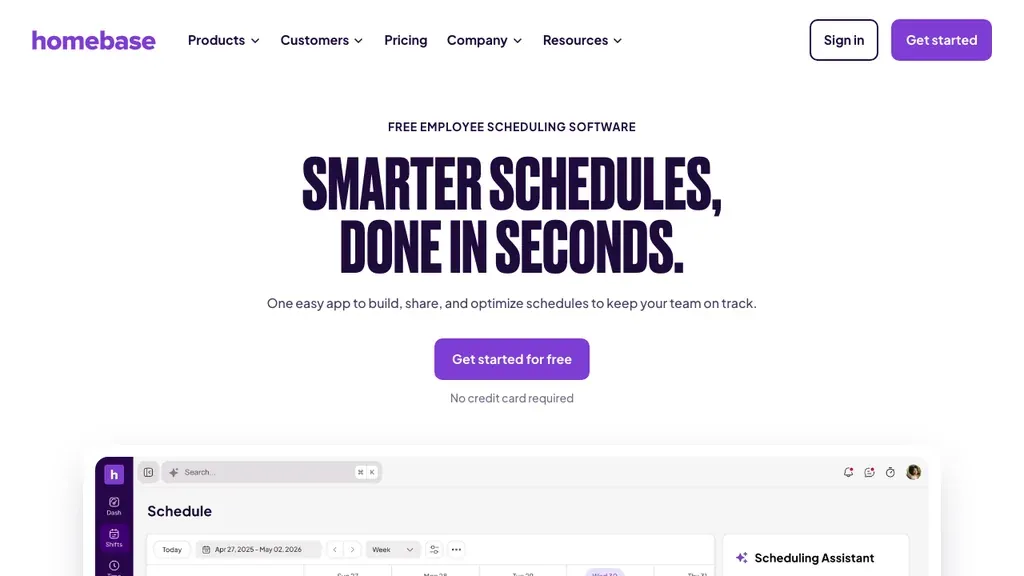 Homebase employee scheduling software homepage (screenshot September 2026)