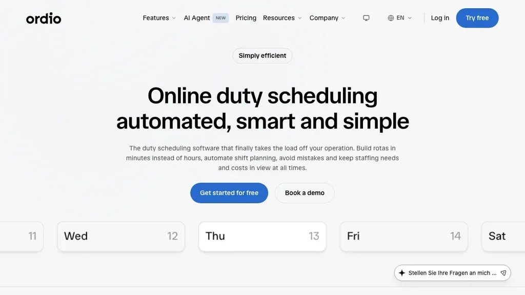 Ordio employee scheduling software homepage showing shift planning (screenshot September 2026)