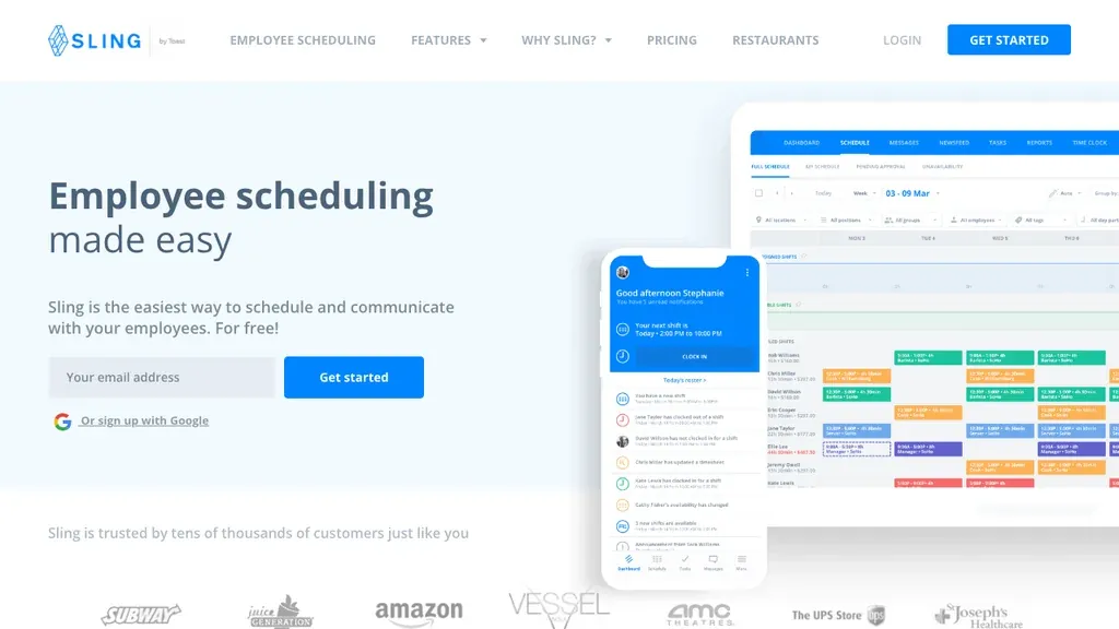 Sling shift scheduling software homepage (screenshot September 2026)