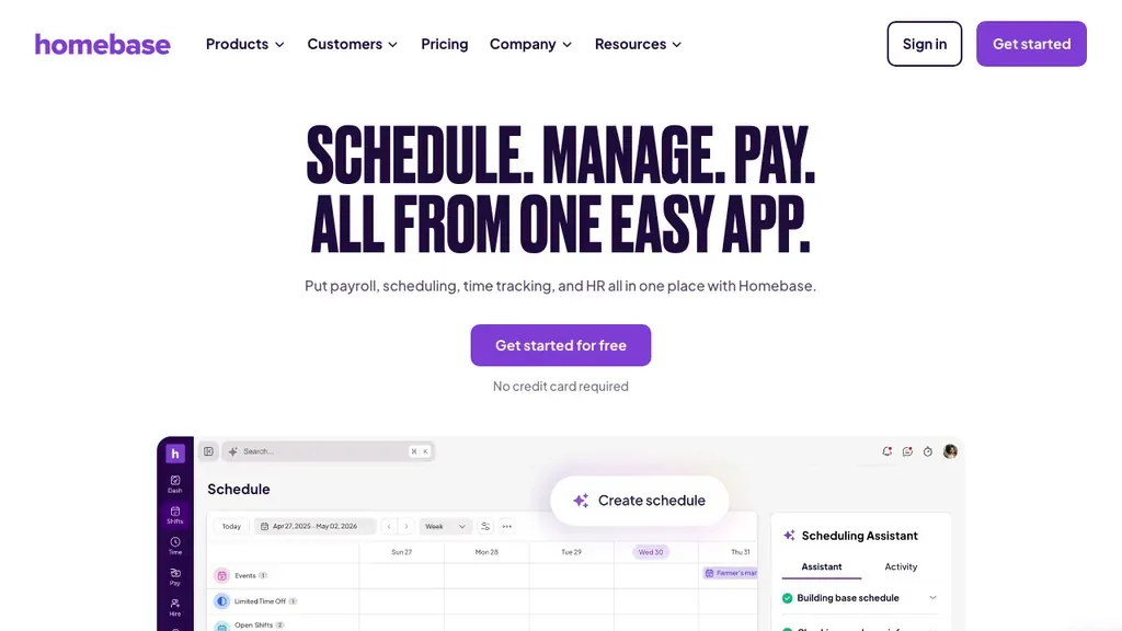 Homebase HR software for small business homepage (screenshot September 2026)