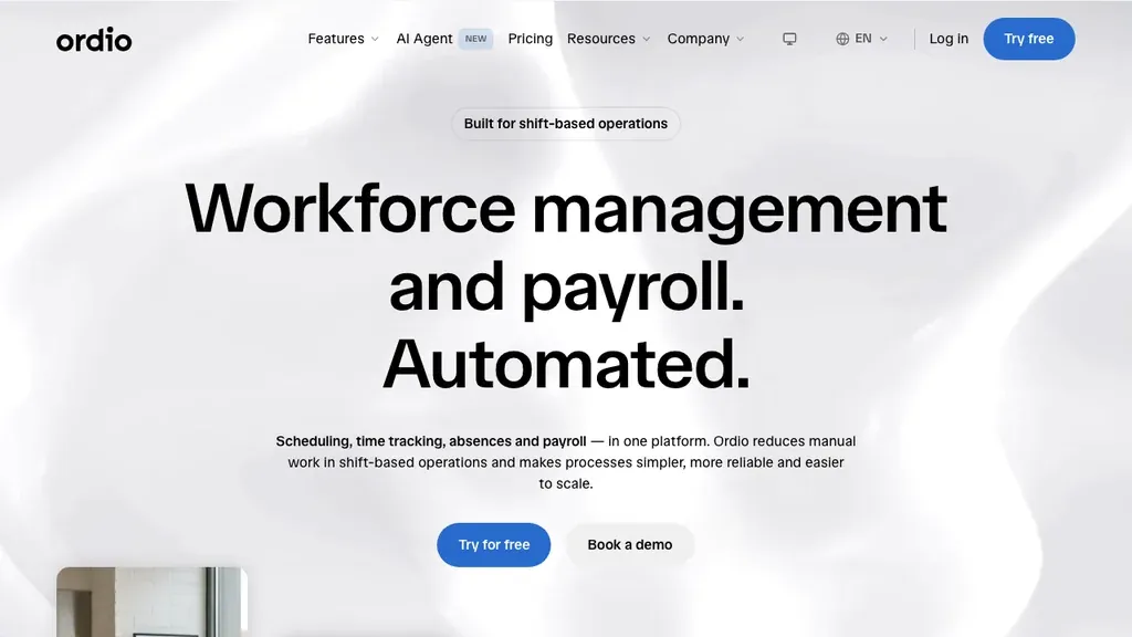 Ordio HR software homepage showing shift planning and employee management (screenshot September 2026)