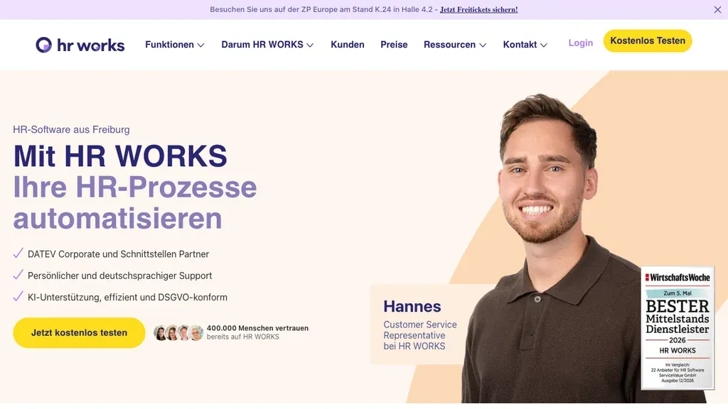 HRworks Personalverwaltung: Produktstartseite mit Lohnmodul (Screenshot September 2026)