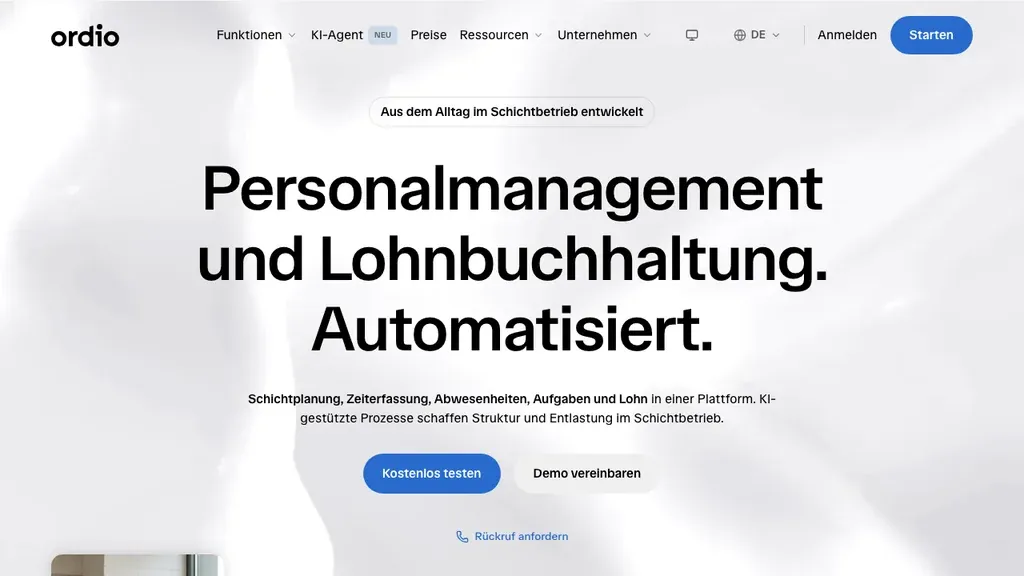 Ordio Lohnvorbereitung: Startseite mit Zeiterfassung und Schichtplan (Screenshot September 2026)