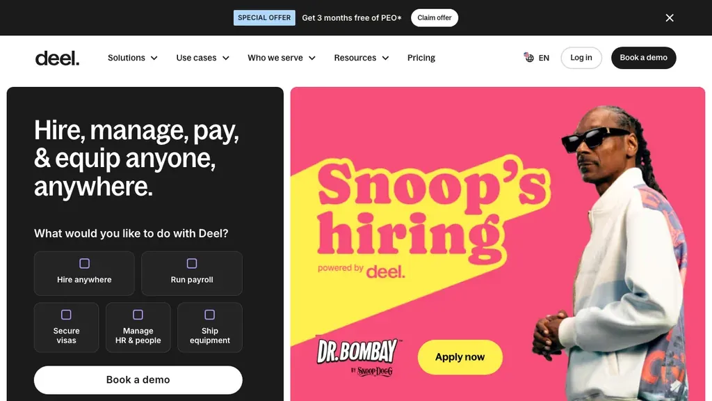 Deel global HR and offboarding platform homepage (screenshot September 2026)