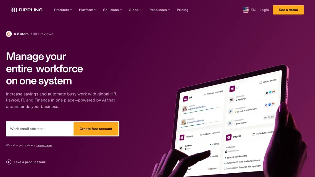 Rippling HR and IT offboarding platform homepage (screenshot September 2026)
