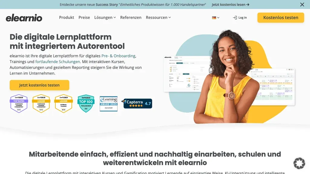elearnio Onboarding-Software: Lernplattform Startseite (Screenshot September 2026)