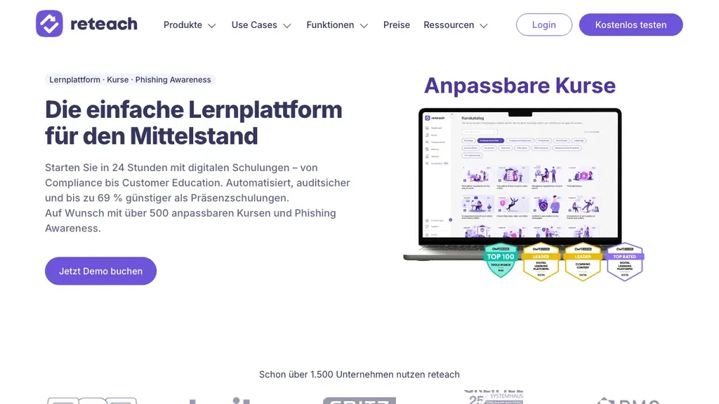reteach Onboarding-Software: E-Learning Startseite (Screenshot September 2026)