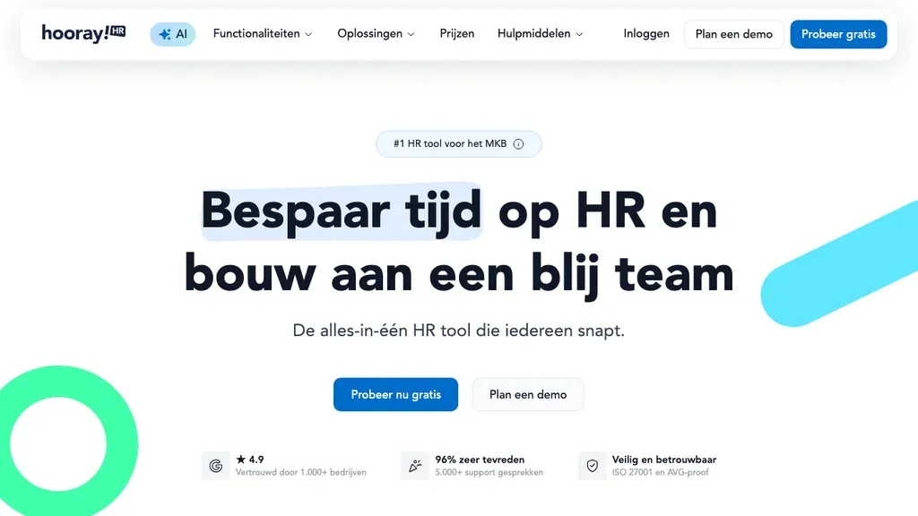 HoorayHR HR software met onboarding voor MKB homepage (screenshot september 2026)