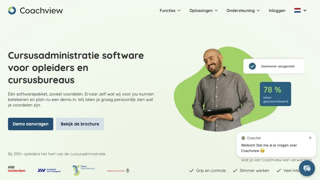 Coachview opleidingsadministratie software homepage (screenshot september 2026)