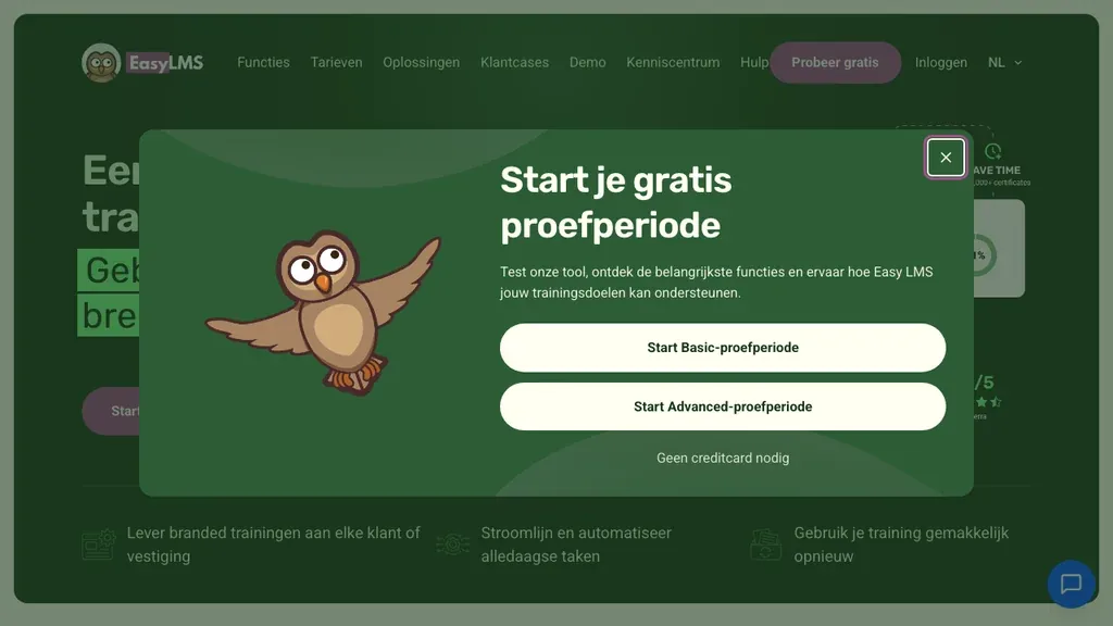 Easy LMS software homepage voor online trainingen (screenshot september 2026)