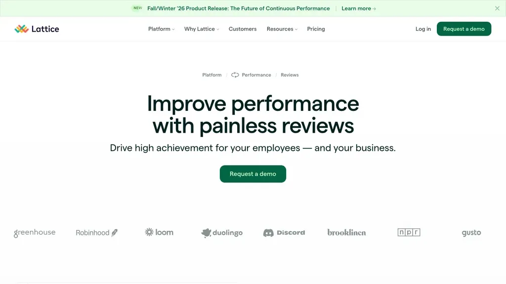 Lattice performance review and engagement software homepage (screenshot September 2026)