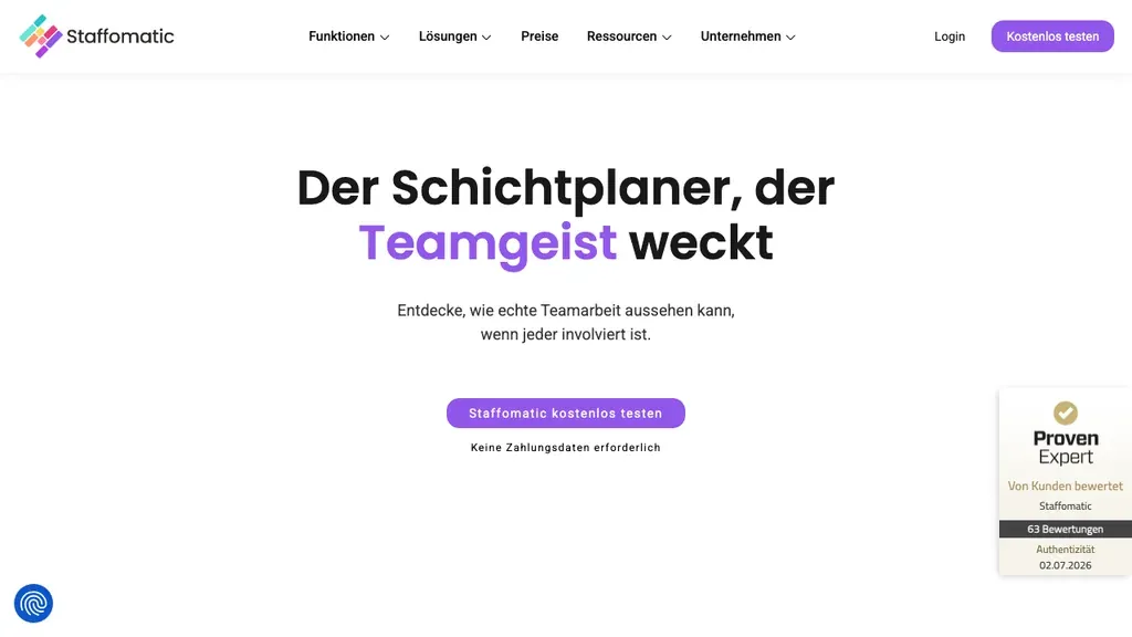 Staffomatic Personalplanung: Produktstartseite (Screenshot September 2026)