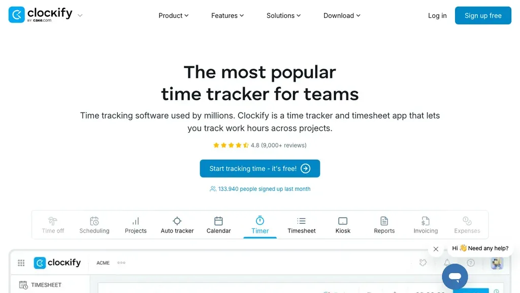 Clockify time tracking homepage (screenshot September 2026)